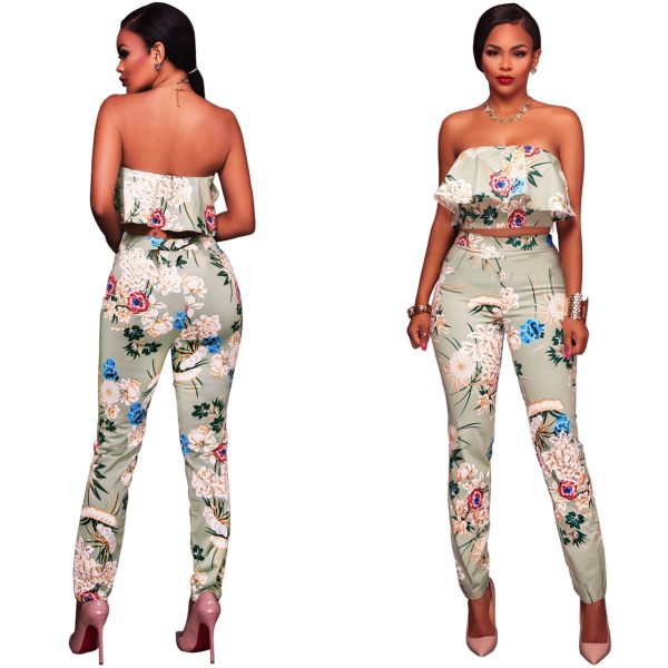 Summer Women Clothes Plus size Flower two piece set Print off shoulder crop top Ruffles cropped Tops Pants Pattern suit - Image 6