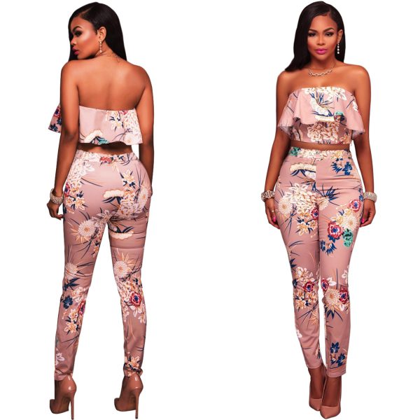 Summer Women Clothes Plus size Flower two piece set Print off shoulder crop top Ruffles cropped Tops Pants Pattern suit - Image 5