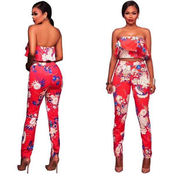 Summer Women Clothes Plus size Flower two piece set Print off shoulder crop top Ruffles cropped Tops Pants Pattern suit - Image 4