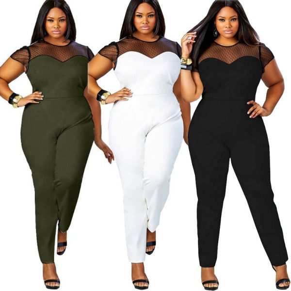 Big Size Casual Office Work Summer Women Jumpsuit O-Neck Patchwork Lace Jumpsuit Large Size Rompers Ropa Mujer Vestidos