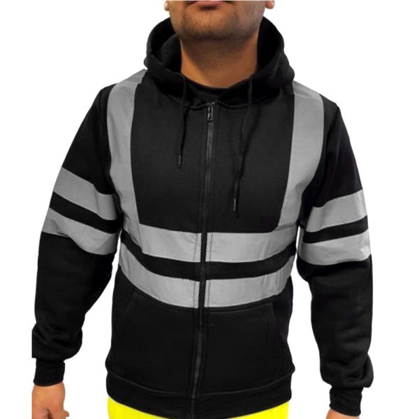 Men's reflective strip environmental sanitation work clothes with fleece hooded top, outdoor hoodie for men - Image 3